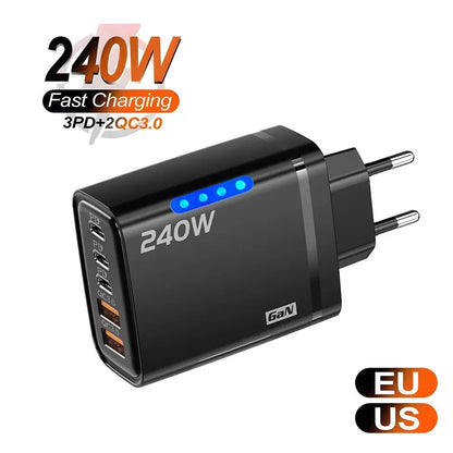 240W GaN USB-C Charger – 5-in-1 Fast Charging Adapter for iPhone, MacBook, Samsung