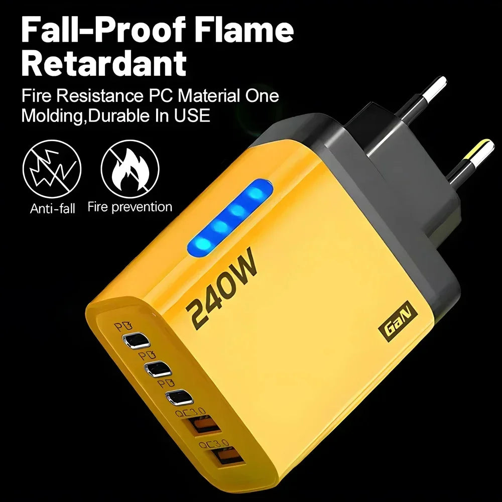 240W GaN USB-C Charger – 5-in-1 Fast Charging Adapter for iPhone, MacBook, Samsung