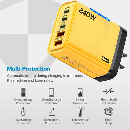 240W GaN USB-C Charger – 5-in-1 Fast Charging Adapter for iPhone, MacBook, Samsung